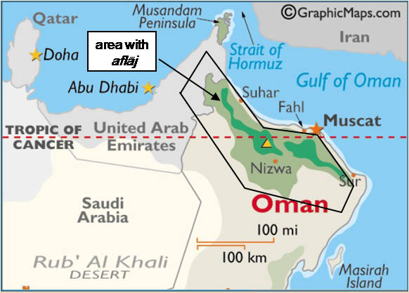 Area of Oman with <i>aflāj</i>. Base map from <