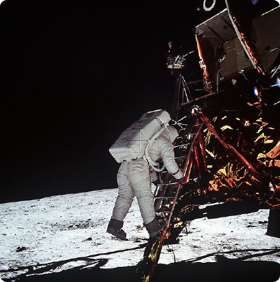 Edwin Aldrin about to set foot on the moon. Photog